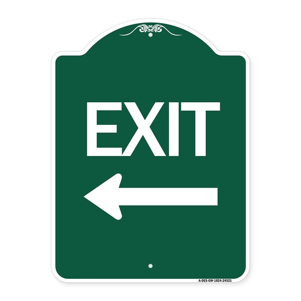 Designer Series Sign-Exit W/ Left Arrow, Green & White Aluminum Sign, 18" H, 24" L, GW-1824-24521